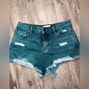 Project 62 Teal-Blue Distressed High-Rise Denim Shorts